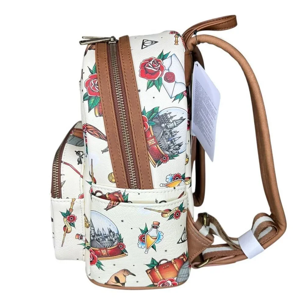 NEW Loungefly Harry Potter Tattoo Art Cream Double Strap Shoulder Backpack